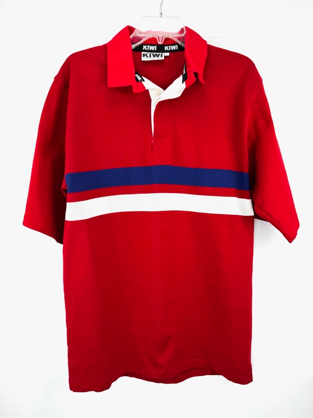 Vintage Kiwi Red Rugby Polo with Navy and White Chest Stripes
